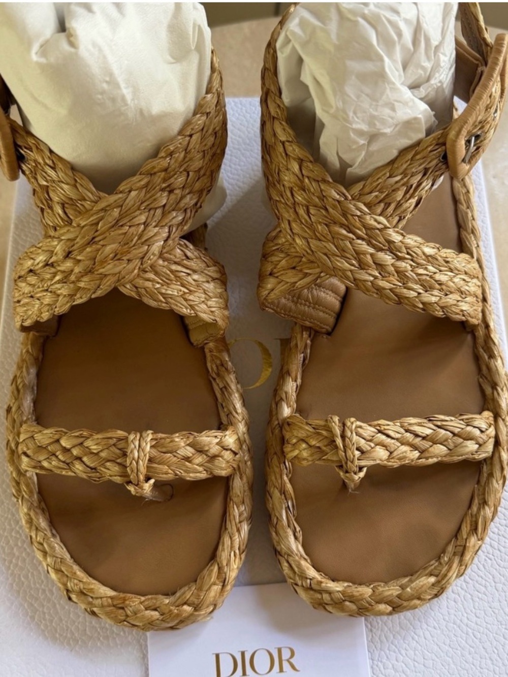 Dior Woven Ocean Flat Thong Sandals in beige Raffia Size 38